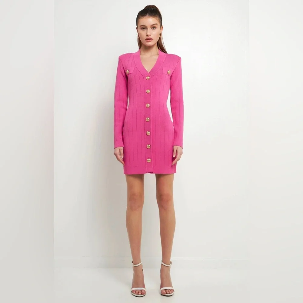 Endless Rose Shank Button V-Neckline Knit Mini Dress - Picture 5 of 15